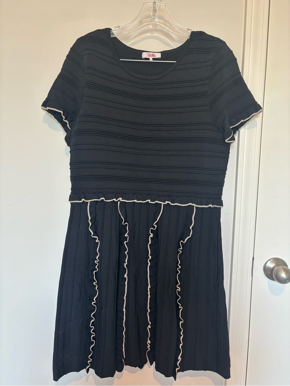 Parker Black Knit Ruffle-Trim Short Sleeve Dress with Cream Piping